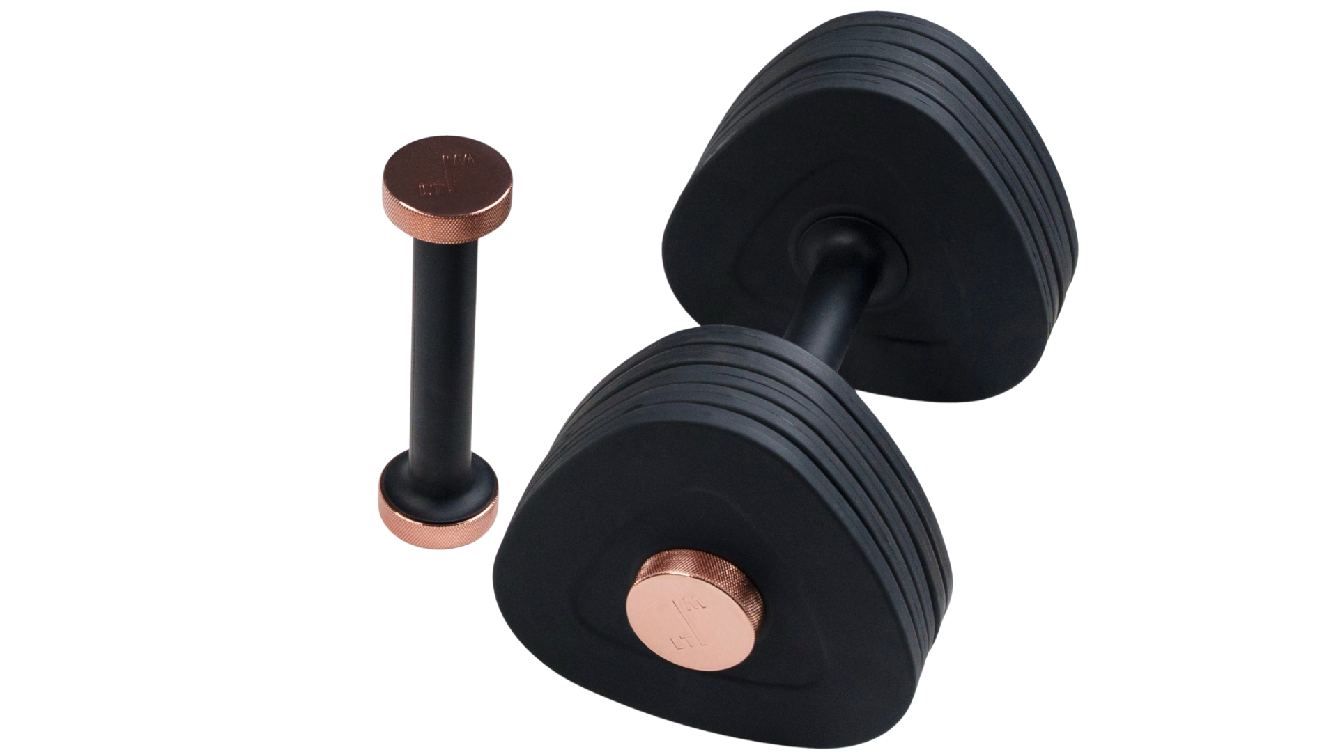 Black dumbbell with rose gold accents on