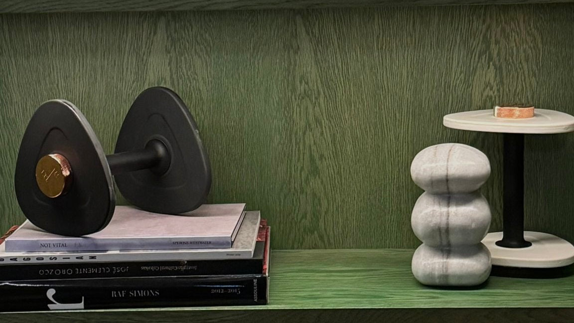 A pair of Lifting The Mood adjustable dumbbells on a living room shelf, showing their compact triangular shape
