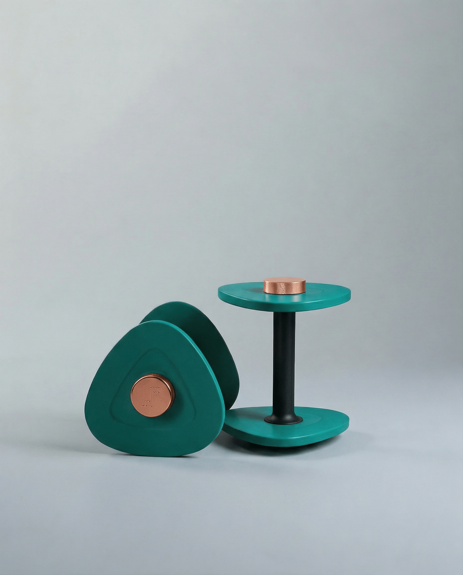 LTM Starter Kit in Emerald Green, adjustable dumbbells for women, 2 to 18 lbs, triangular non-roll design with copper accents, by Lifting The Mood