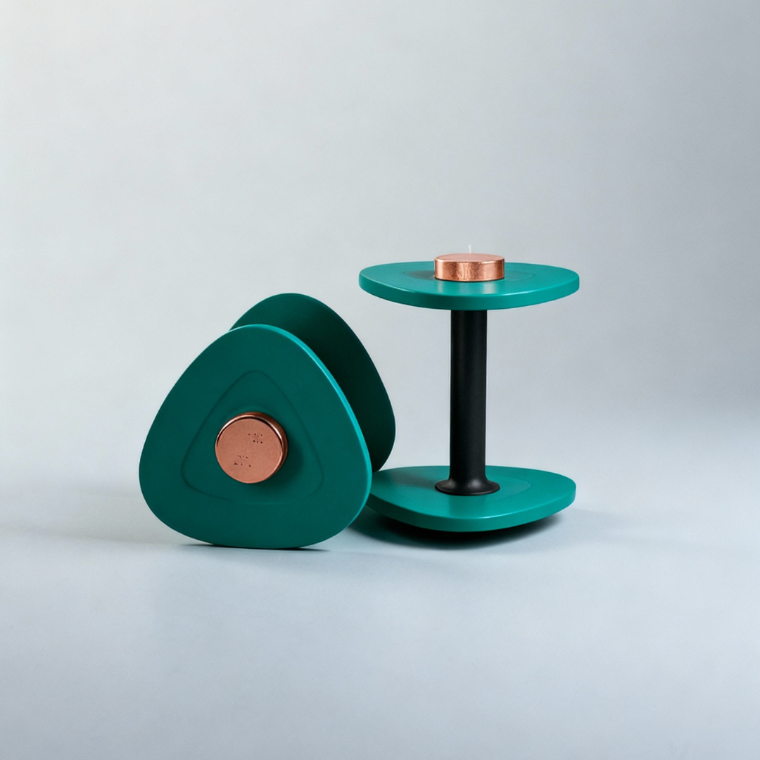 LTM Starter Kit in Emerald Green, adjustable dumbbells for women, 2 to 18 lbs, triangular non-roll design with copper accents, by Lifting The Mood