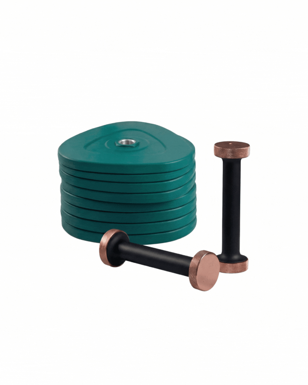 LTM Starter Kit in Emerald Green, adjustable dumbbells for women, 2 to 18 lbs, triangular non-roll design with copper accents, by Lifting The Mood
