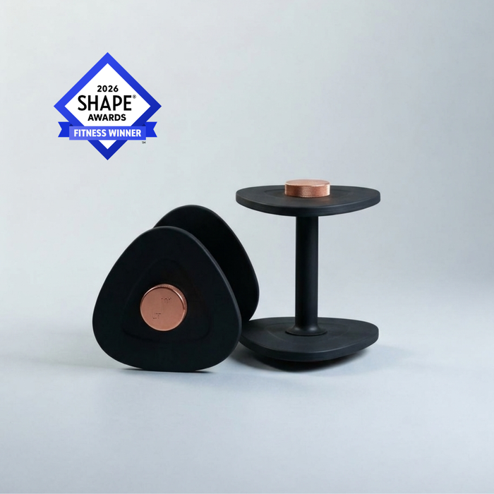 LTM Starter Kit in Onyx Black, adjustable dumbbells for women, 2 to 18 lbs, triangular non-roll design with copper accents, by Lifting The Mood