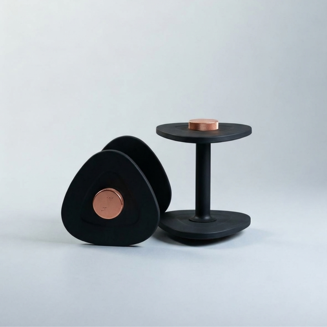LTM Starter Kit in Onyx Black, adjustable dumbbells for women, 2 to 18 lbs, triangular non-roll design with copper accents, by Lifting The Mood